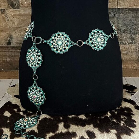 Rhinestone Concho Floral Flower Metal Link Belt Aurora Borealis AB Accents